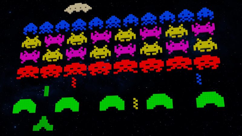 An image of the classic 8 bit evolution arcade game Space Invaders.