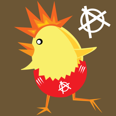 A graphic of a possibly gay punk rock chicken ready to see you in the bands pit.