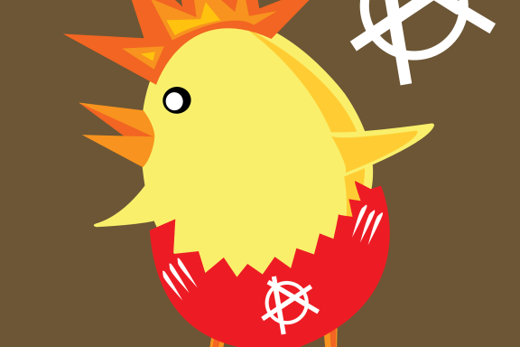 A graphic of a possibly gay punk rock chicken ready to see you in the bands pit.