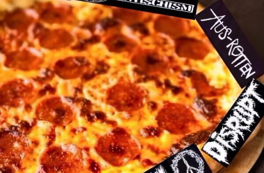 Pizza topped with pepperoni, surrounded by band logos from crust punk and hardcore punk bands such as Doom, Aus-Rotten, Nausea, Discharge, and others from these punk subgenres.