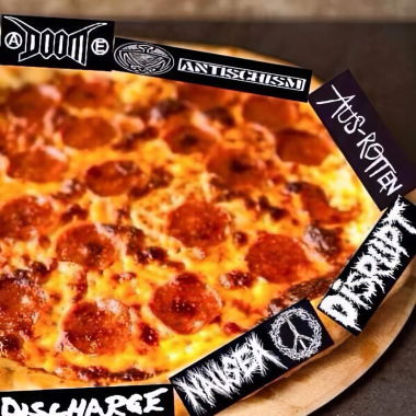 Pizza topped with pepperoni, surrounded by band logos from crust punk and hardcore punk bands such as Doom, Aus-Rotten, Nausea, Discharge, and others from these punk subgenres.