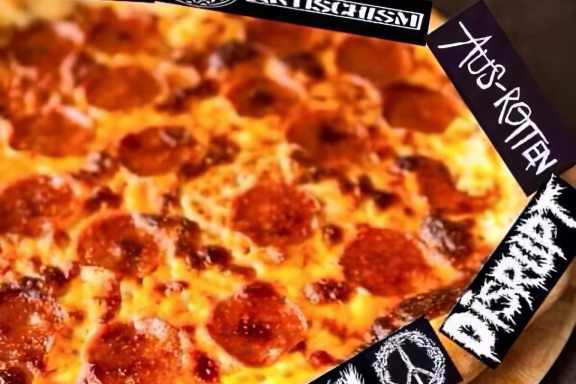 Pizza topped with pepperoni, surrounded by band logos from crust punk and hardcore punk bands such as Doom, Aus-Rotten, Nausea, Discharge, and others from these punk subgenres.