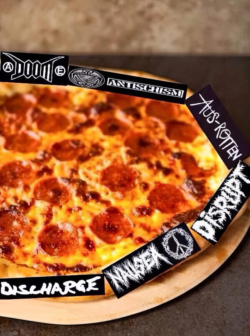 Pizza topped with pepperoni, surrounded by band logos from crust punk and hardcore punk bands such as Doom, Aus-Rotten, Nausea, Discharge, and others from these punk subgenres.