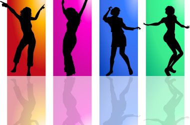 An image of female DJs EDM silhouettes dancing against a colorful background.