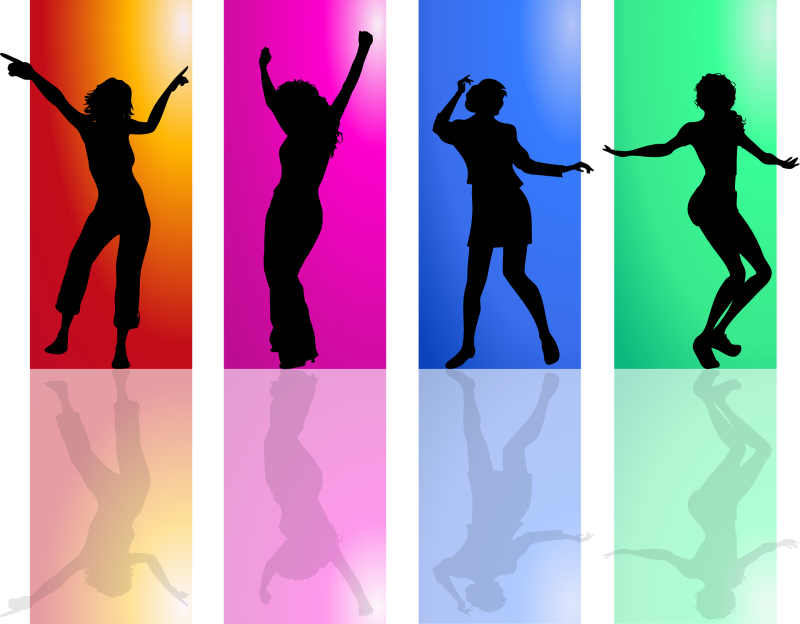 An image of female DJs EDM silhouettes dancing against a colorful background.