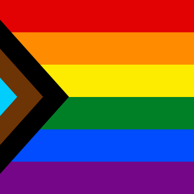 Inclusive Progress Pride Flag featuring rainbow colors and chevron stripes representing LGBTQ+ communities, trans individuals, people of color, and those affected by HIV/AIDS.