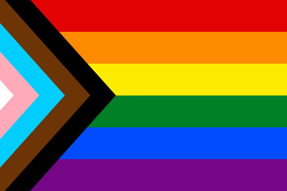 Inclusive Progress Pride Flag featuring rainbow colors and chevron stripes representing LGBTQ+ communities, trans individuals, people of color, and those affected by HIV/AIDS.