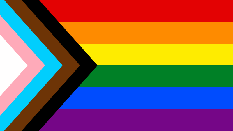 Inclusive Progress Pride Flag featuring rainbow colors and chevron stripes representing LGBTQ+ communities, trans individuals, people of color, and those affected by HIV/AIDS.