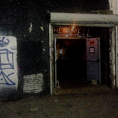 An entrance to a dimly lit los angeles punk venue building with punk clubs NYC graffiti on the surrounding walls and a sign above reading 'THE SMELL' in neon.