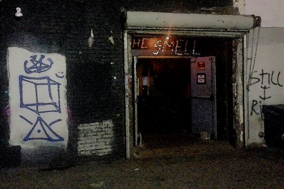 An entrance to a dimly lit los angeles punk venue building with punk clubs NYC graffiti on the surrounding walls and a sign above reading 'THE SMELL' in neon.