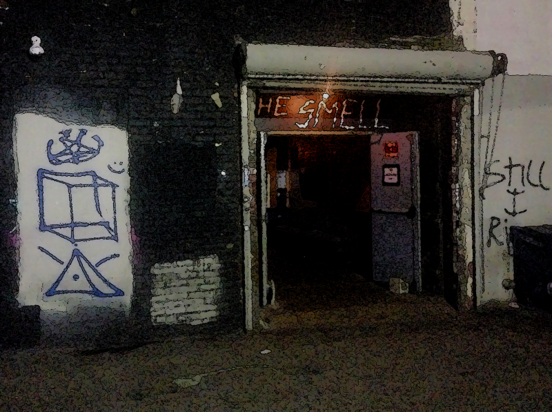 An entrance to a dimly lit los angeles punk venue building with punk clubs NYC graffiti on the surrounding walls and a sign above reading 'THE SMELL' in neon.